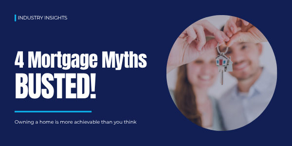 Mortgage myths graphic with a couple holding house keys