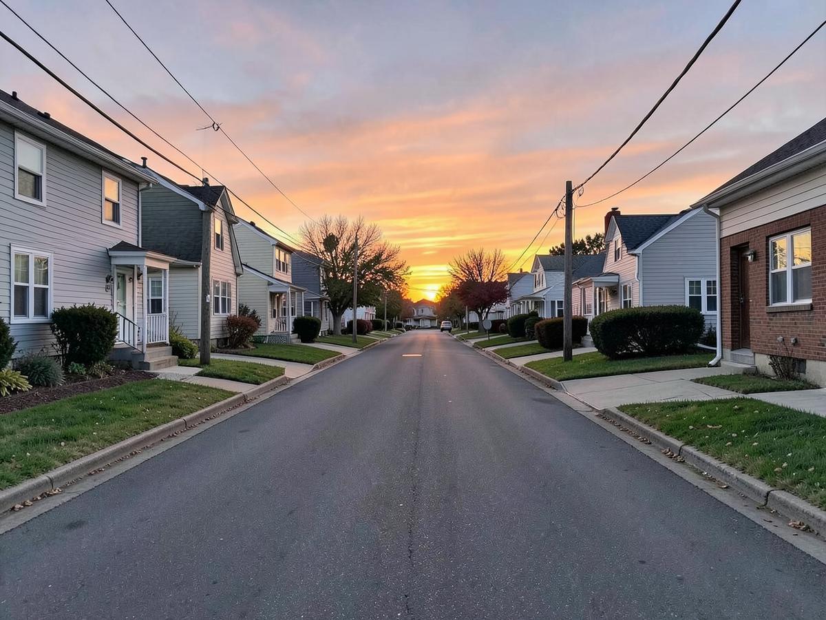 A residential street of modest houses at sunrise