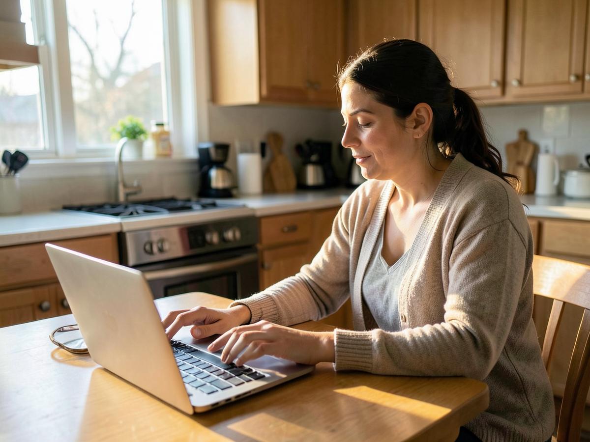 A person working at a laptop at a kitchen table in morning light