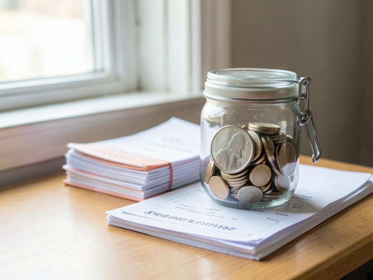 A jar of coins resting on a stack of paperwork beside a window