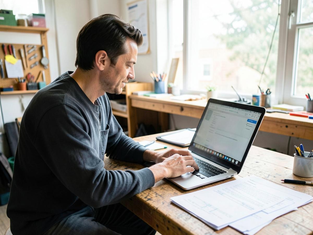 A person working at a laptop with paperwork on a wooden workbench