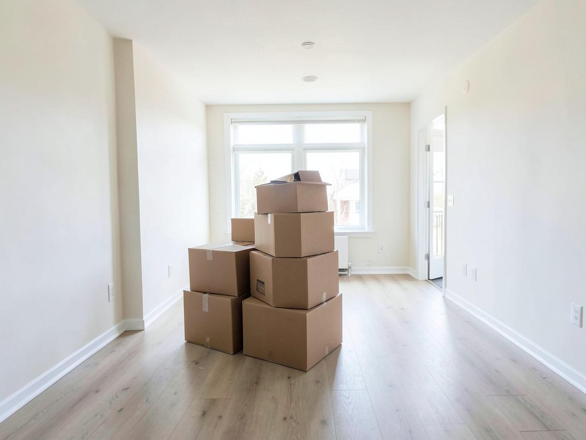 Moving boxes stacked in an empty room with wood flooring