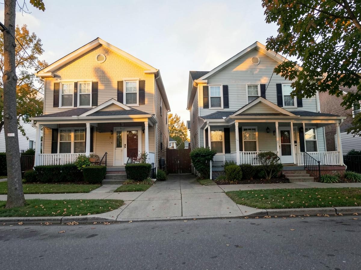 Two houses side by side on a residential street at golden hour