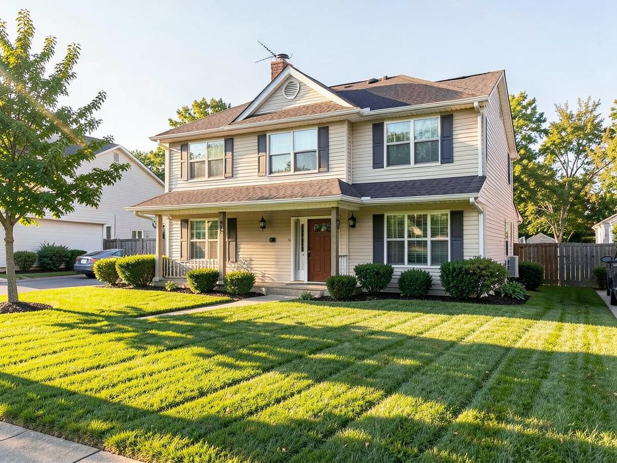 A two-story suburban house with a mown front lawn in afternoon light