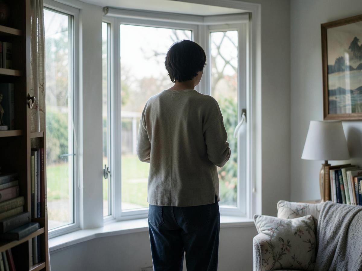 A person standing at a bay window looking out into a garden
