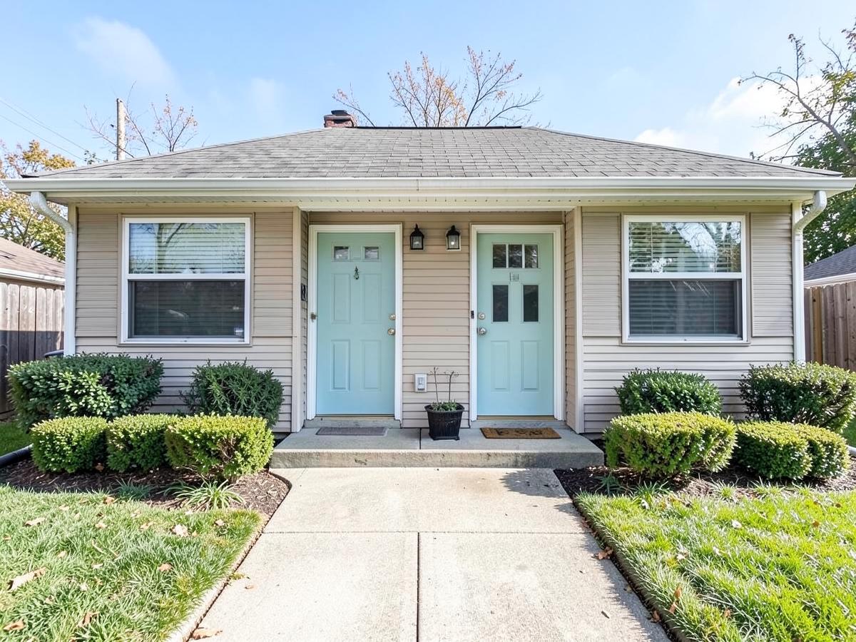 A single-story duplex with two front doors and trimmed hedges