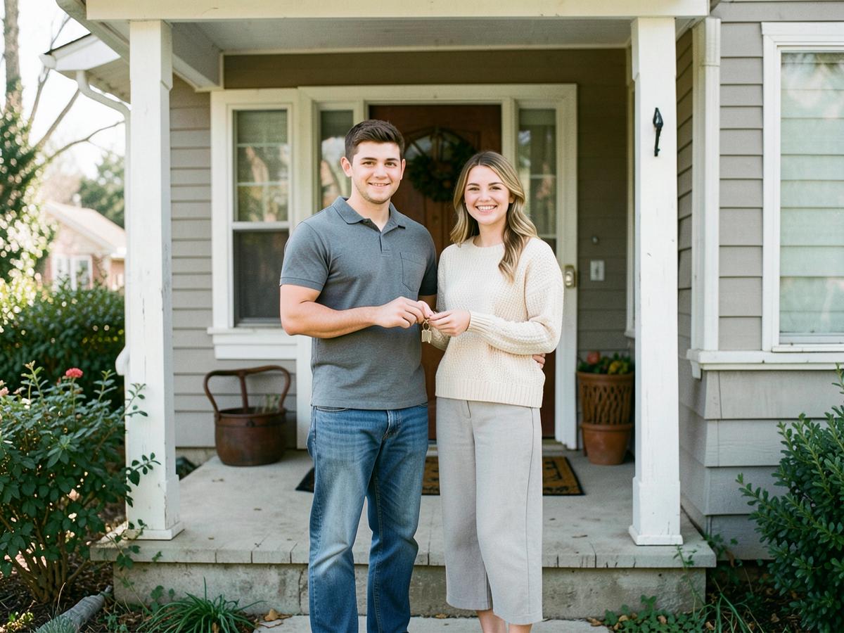 Two people standing on the front porch of a house holding a set of keys