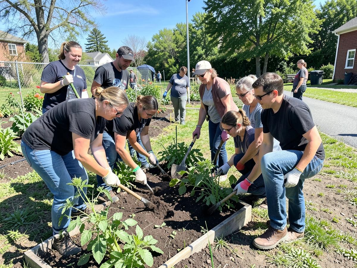 A group of volunteers planting a raised garden bed together outdoors