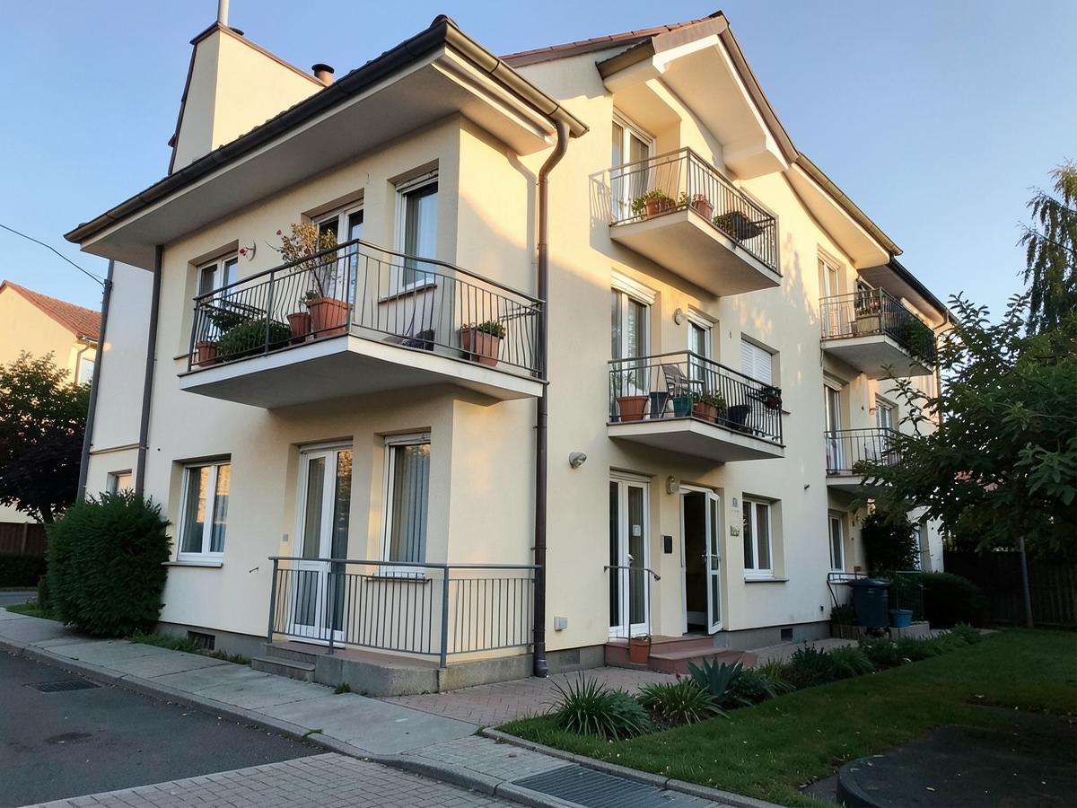 A small apartment building with balconies in evening light