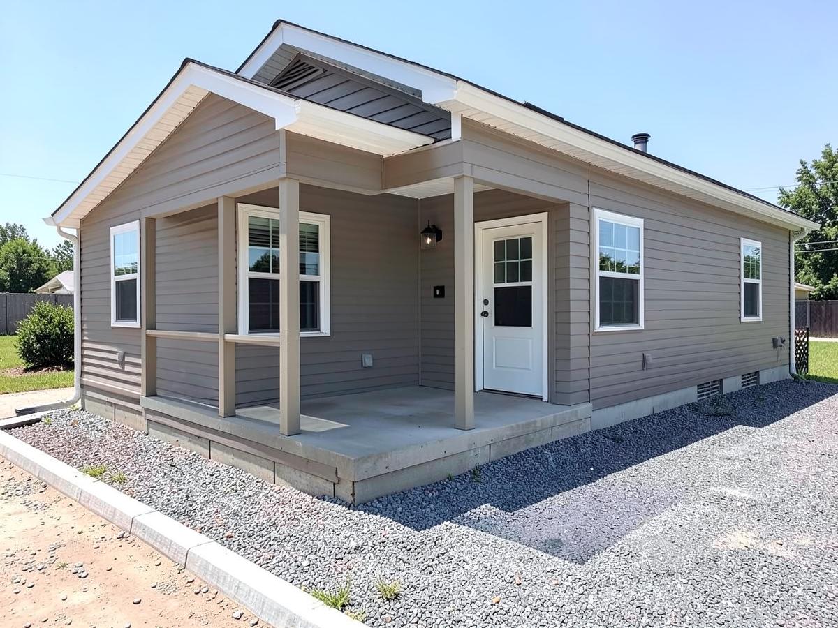 A manufactured home with a covered porch and gravel surround