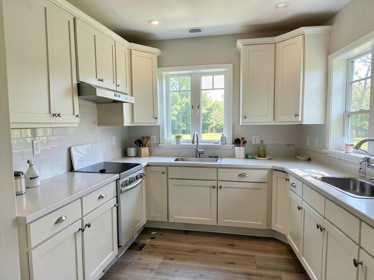 A renovated kitchen with new cabinetry and daylight from a window