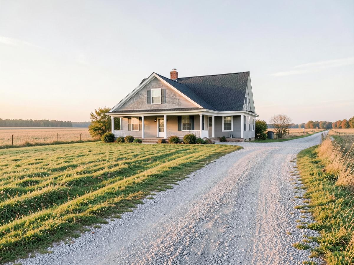 A farmhouse beside open fields at the end of a gravel drive