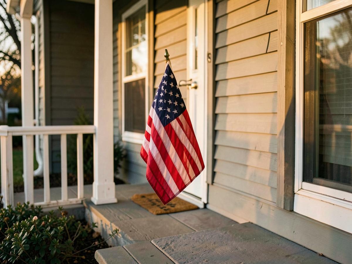 A small United States flag hanging beside the front door of a house